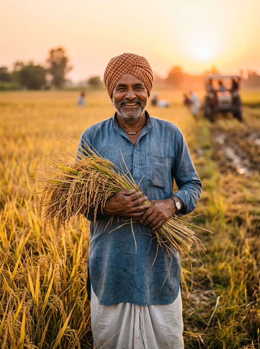 Dignified Indian farmer smiling in golden harvested rice fields